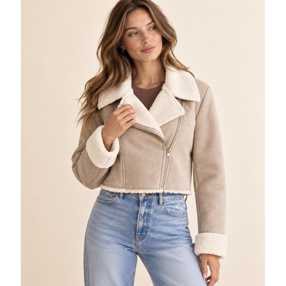 Urban Way Tan Faux Leather & Shearling Cropped Moto Jacket Small NEW!